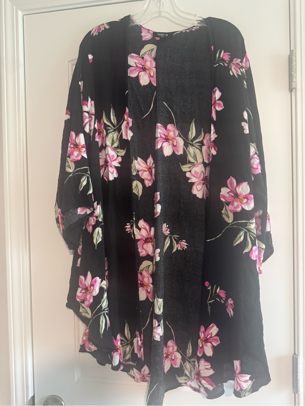 torrid Black Floral Open-Front Kimono with Pink Flowers